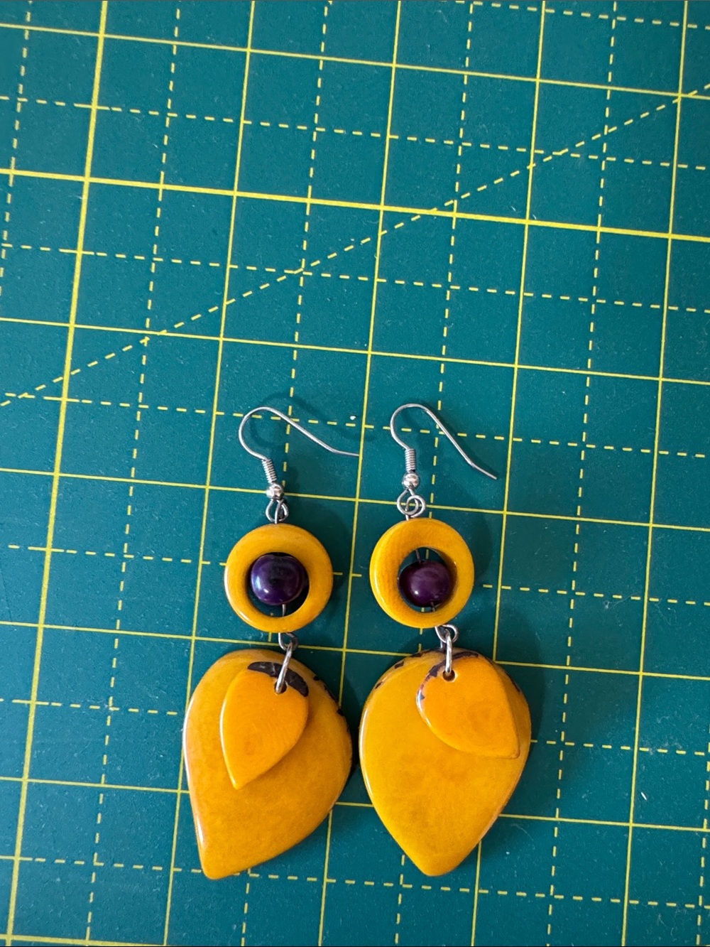 Handmade Yellow Drop Earrings with Purple Accent